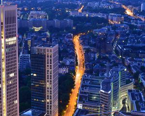 Preview wallpaper night city, aerial view, skyscrapers, city lights, frankfurt