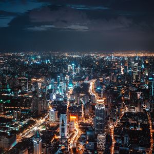 Preview wallpaper night city, aerial view, skyscrapers, city lights