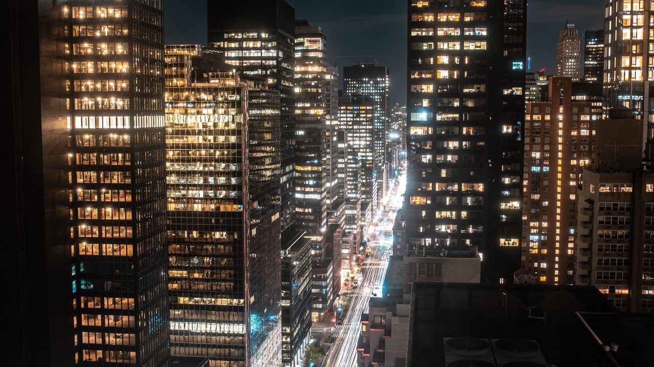 Wallpaper night city, aerial view, skyscrapers, buildings, lights, dark