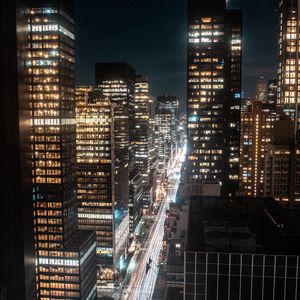 Preview wallpaper night city, aerial view, skyscrapers, buildings, lights, dark