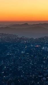 Preview wallpaper night city, aerial view, sunset, sky, fog