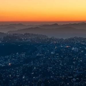 Preview wallpaper night city, aerial view, sunset, sky, fog