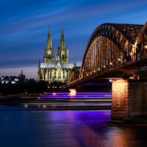 Preview wallpaper night city, architecture, bridge, city lights, cologne, germany