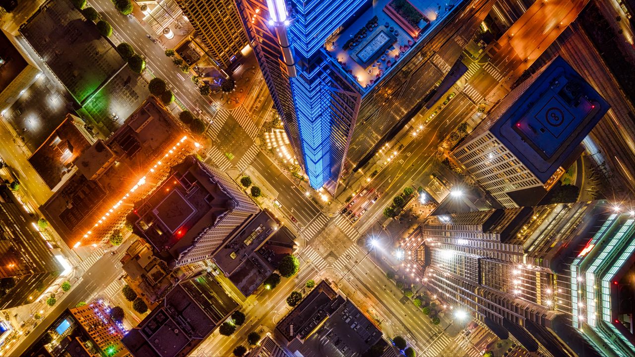 Wallpaper night city, architecture, building, aerial view, road