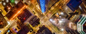 Preview wallpaper night city, architecture, building, aerial view, road