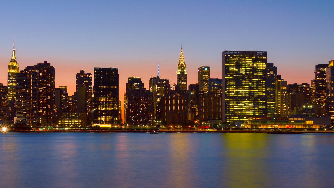 Wallpaper night city, architecture, buildings, water, lights