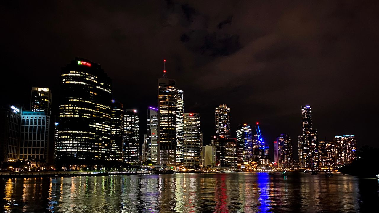 Wallpaper night city, architecture, buildings, water, reflection, lights