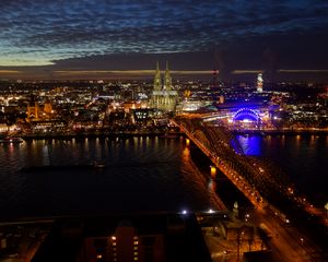 Preview wallpaper night city, architecture, buildings, bridge, river