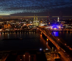 Preview wallpaper night city, architecture, buildings, bridge, river