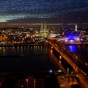 Preview wallpaper night city, architecture, buildings, bridge, river