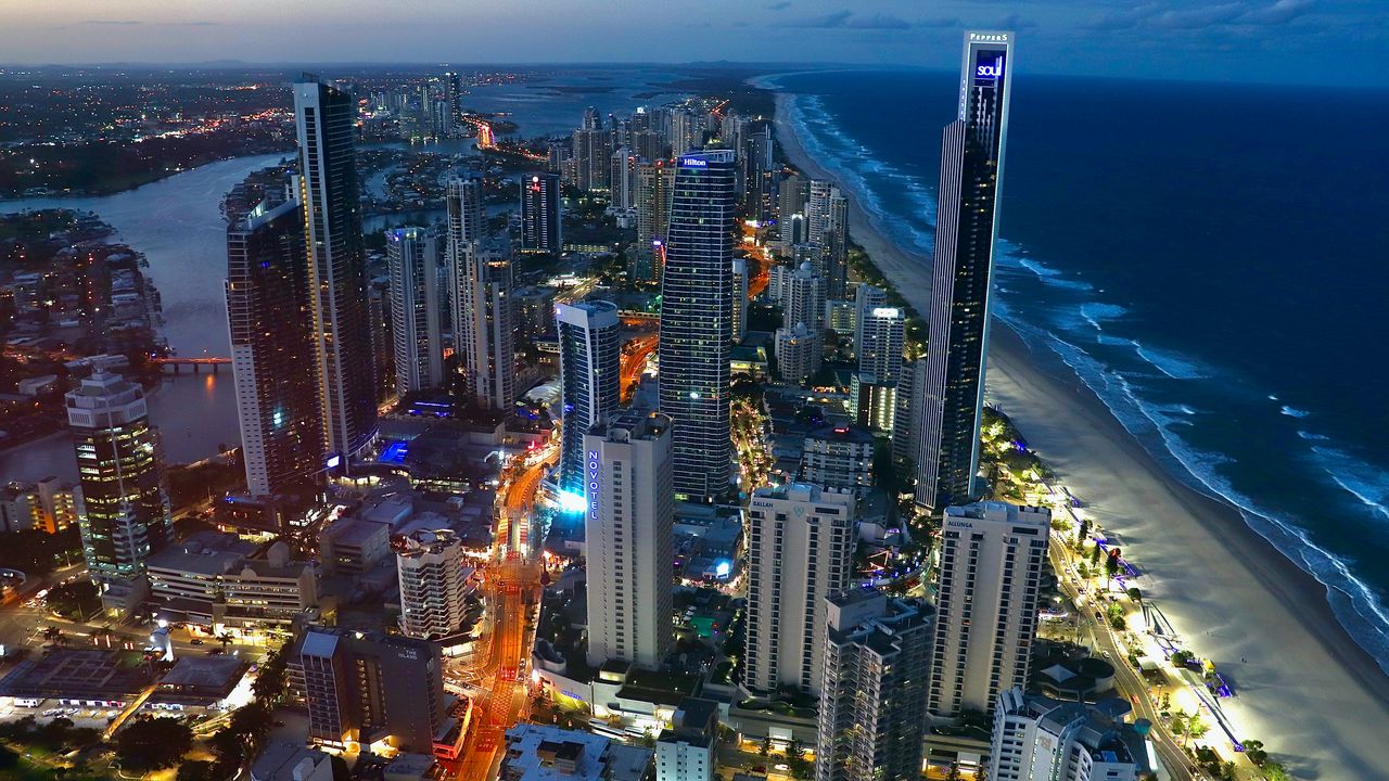 Wallpaper night city, architecture, buildings, coast, lights