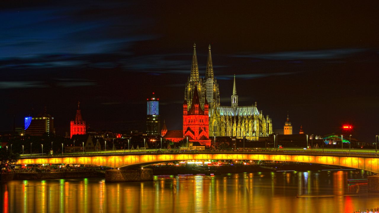 Wallpaper night city, architecture, gothic, cologne, germany