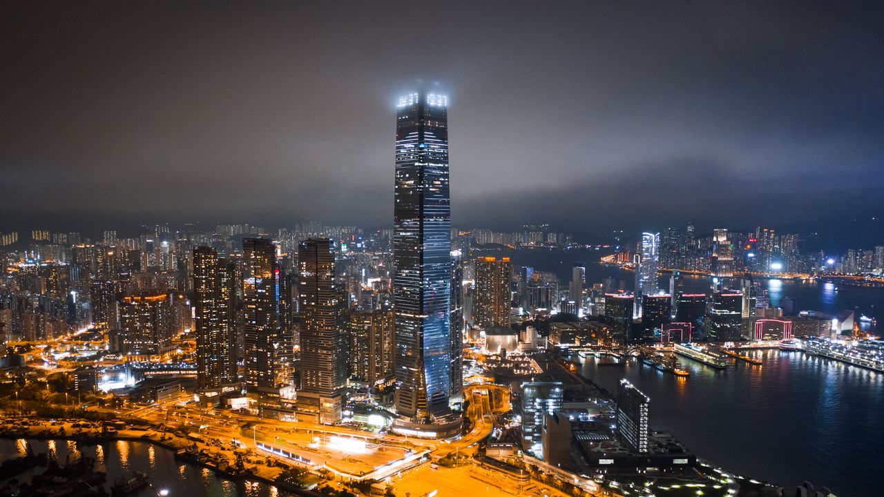 Wallpaper night city, architecture, lights, fog