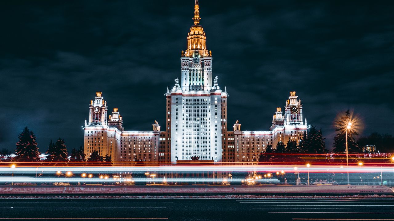 Wallpaper night city, architecture, long exposure, moscow
