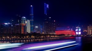 Preview wallpaper night city, architecture, long exposure, neon, lights