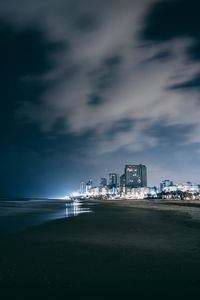 Preview wallpaper night city, beach, night, sky, overcast, clouds