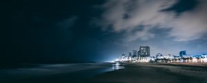 Preview wallpaper night city, beach, night, sky, overcast, clouds