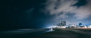 Preview wallpaper night city, beach, night, sky, overcast, clouds