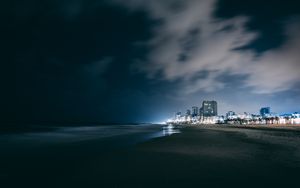 Preview wallpaper night city, beach, night, sky, overcast, clouds
