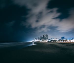 Preview wallpaper night city, beach, night, sky, overcast, clouds