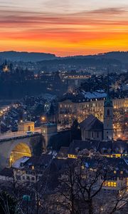 Preview wallpaper night, city, bridge, lights, sunset