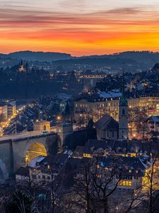 Preview wallpaper night, city, bridge, lights, sunset