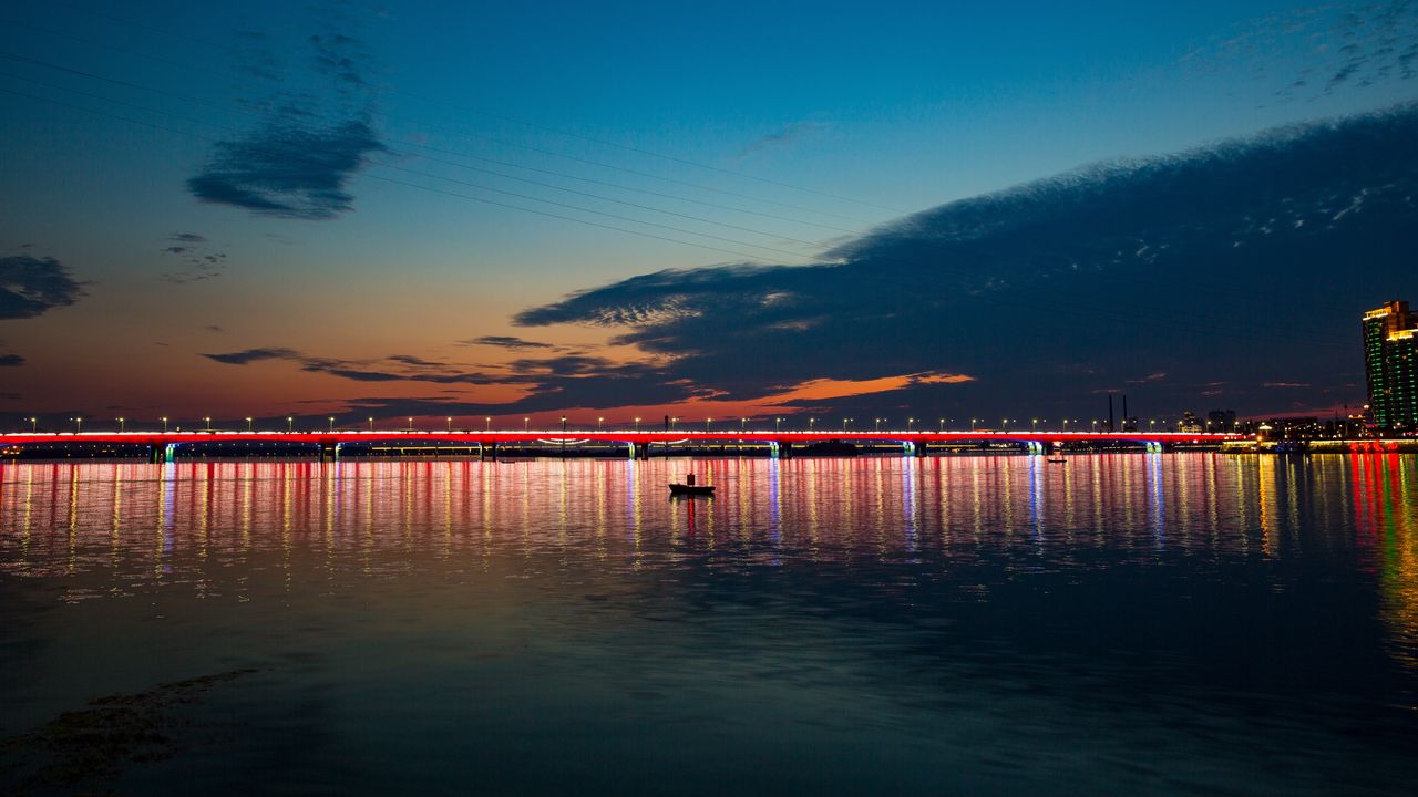 Wallpaper night city, bridge, boat, sea