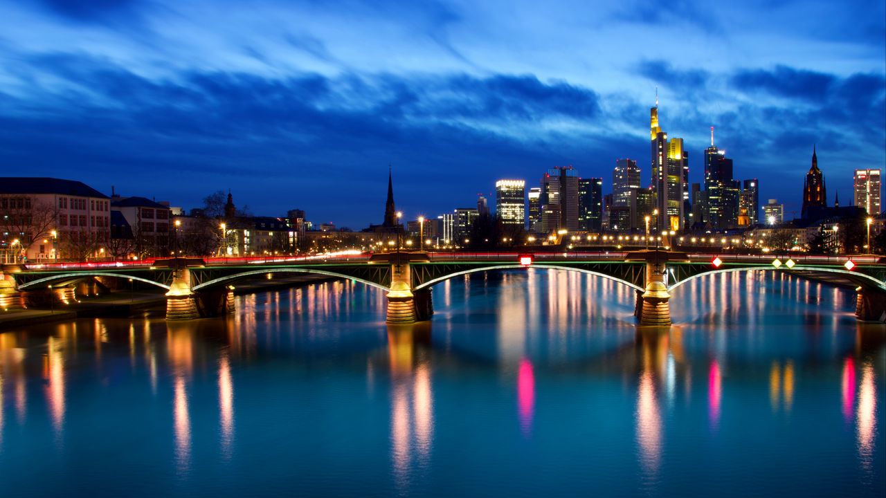 Wallpaper night city, bridge, buildings, river, germany