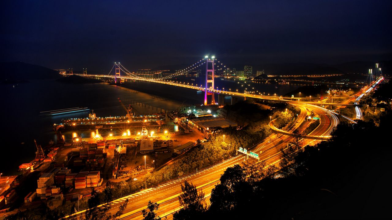 Wallpaper night city, bridge, city lights, road, night