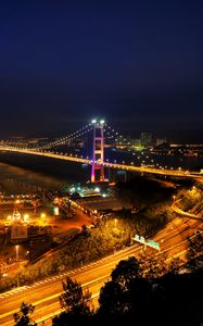 Preview wallpaper night city, bridge, city lights, road, night