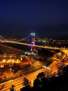 Preview wallpaper night city, bridge, city lights, road, night