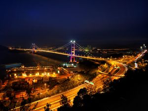 Preview wallpaper night city, bridge, city lights, road, night