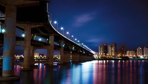 Preview wallpaper night city, bridge, city lights, river, light