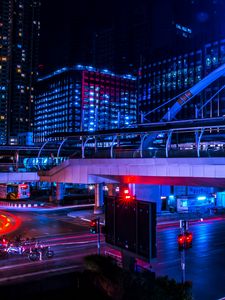Preview wallpaper night city, bridge, city lights, long exposure, bangkok, thailand