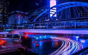 Preview wallpaper night city, bridge, city lights, long exposure, bangkok, thailand