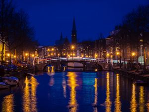 Preview wallpaper night city, bridge, city lights, architecture, netherlands