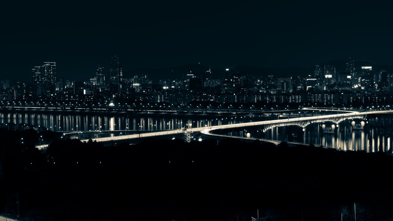 Wallpaper night city, bridge, glow, dark, aerial view