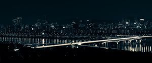 Preview wallpaper night city, bridge, glow, dark, aerial view