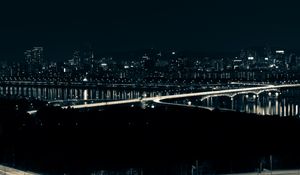 Preview wallpaper night city, bridge, glow, dark, aerial view