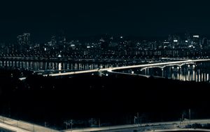 Preview wallpaper night city, bridge, glow, dark, aerial view