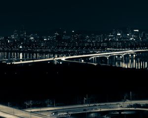 Preview wallpaper night city, bridge, glow, dark, aerial view