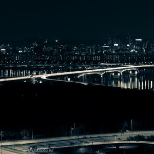 Preview wallpaper night city, bridge, glow, dark, aerial view
