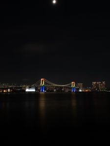 Preview wallpaper night city, bridge, lights, moon, water