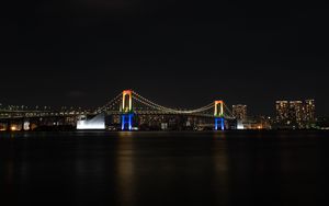 Preview wallpaper night city, bridge, lights, moon, water