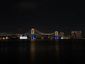 Preview wallpaper night city, bridge, lights, moon, water