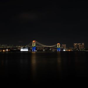 Preview wallpaper night city, bridge, lights, moon, water