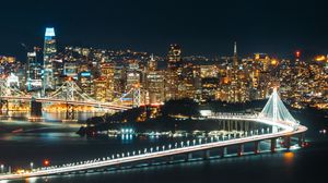 Preview wallpaper night city, bridge, lights, skyscrapers