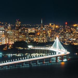 Preview wallpaper night city, bridge, lights, skyscrapers