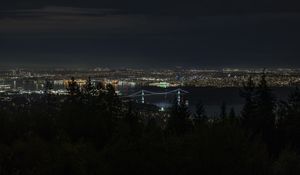 Preview wallpaper night city, bridge, lights, river, aerial view, dark