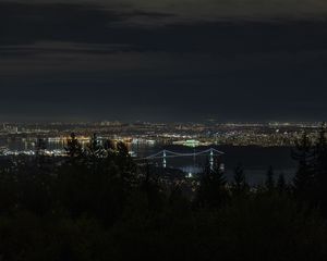 Preview wallpaper night city, bridge, lights, river, aerial view, dark